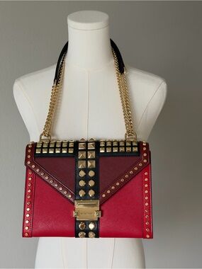 Michael Kors Whitney Studded Chain Strap Shoulder Bag - Red Burgundy Black